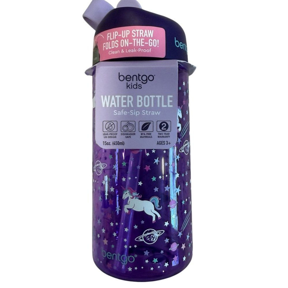 Bentgo Kids Purple Unicorn Print Safe-Sip Straw Water Bottle, NWT